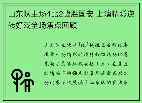 山东队主场4比2战胜国安 上演精彩逆转好戏全场焦点回顾